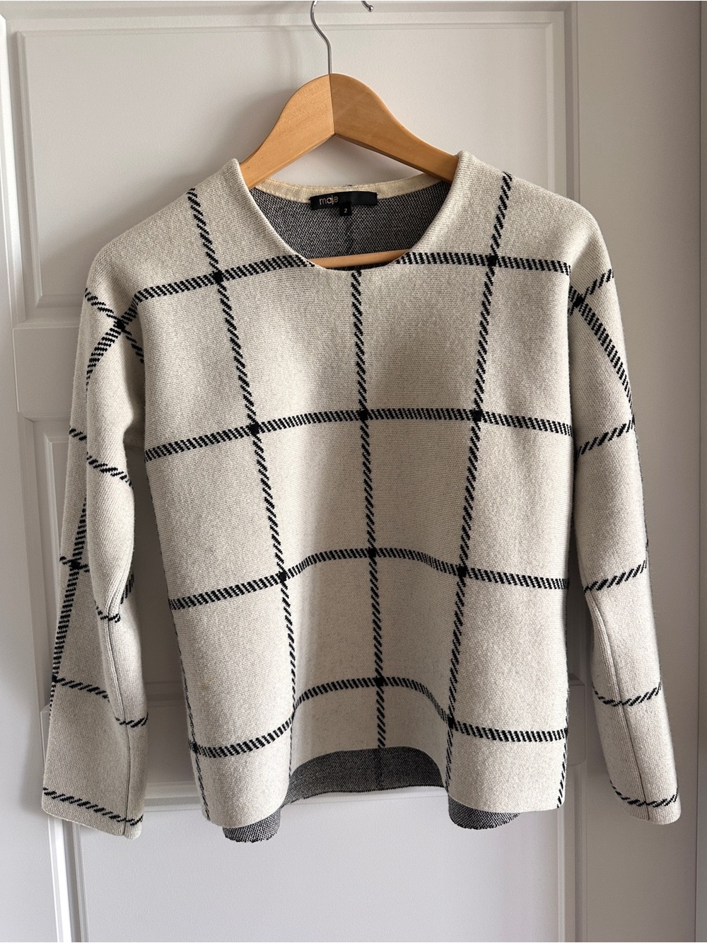 Maje Paris Ecru Black Windowpane Check Knit Sweater Size 2